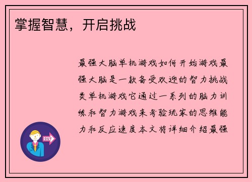 掌握智慧，开启挑战