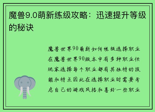 魔兽9.0萌新练级攻略：迅速提升等级的秘诀