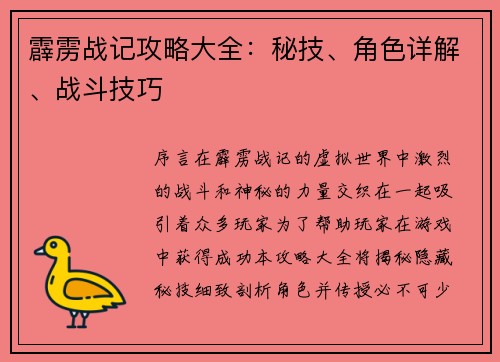 霹雳战记攻略大全：秘技、角色详解、战斗技巧